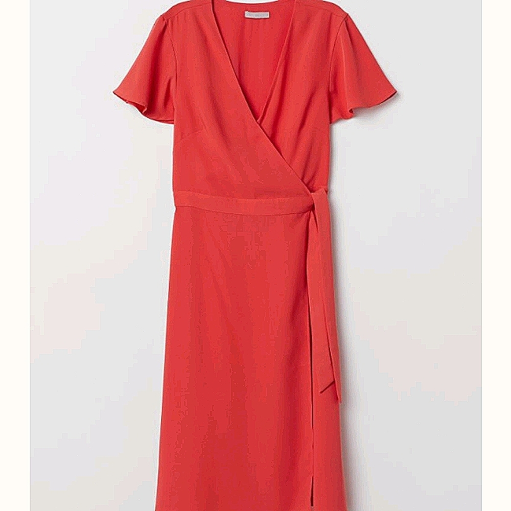 H&M wrap over coral midi dress